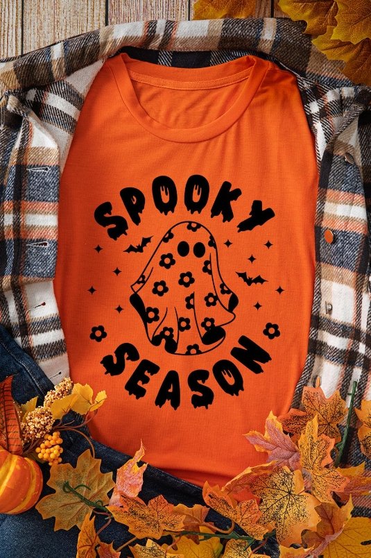 Orange SPOOKY SEASON Ghost Print Crew Neck Halloween Tee