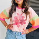 Pink Flower Color Block Half Sleeve Loose T Shirt Pink Flower Color Block Half Sleeve Loose T Shirt