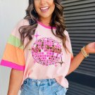 Pink Sequin Disco Ball Color Block Sleeve Graphic Tee