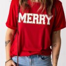 Red Christmas MERRY Graphic Cuffed Sleeve T Shirt