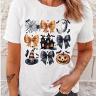 White Bowknot Pumpkin Ghost Halloween Print Round Neck T Shirt