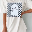 White Checkered Ghost Print Crew Neck Oversized T Shirt