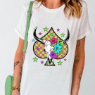 White Checkered Steer Head Spade Print Crew Neck T Shirt White Checkered Steer Head Spade Print Crew Neck T Shirt