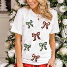 White Christmas Bowknot Graphic Cotton Blend T Shirt White Christmas Bowknot Graphic Cotton Blend T Shirt