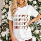 White Colorful merry Printed Crewneck Christmas T Shirt