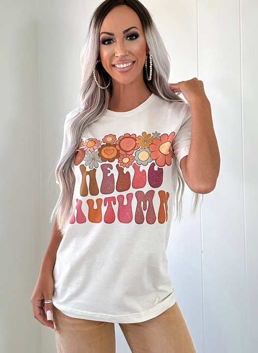 White Floral HELLO AUTUMN Printed Crewneck T Shirt