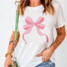 White Flowing Bow Knot Print Round Neck Casual Tee White Flowing Bow Knot Print Round Neck Casual Tee