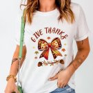 White GIVE THANKS Bowknot Graphic Cuffed Sleeve T Shirt