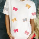 White Glitter Chenille Bowknot Patched Casual Tee White Glitter Chenille Bowknot Patched Casual Tee