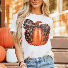 White Halloween Bowknot Pumpkin Graphic Crewneck T Shirt White Halloween Bowknot Pumpkin Graphic Crewneck T Shirt
