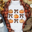 White Halloween Pumpkin Bow Knot Print Crew Neck Tee