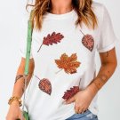 White Halloween Sequined Leaves Graphic Crew Neck T Shirt
