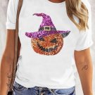 White Halloween Sequined Pumpkin Crewneck Graphic Tee White Halloween Sequined Pumpkin Crewneck Graphic Tee