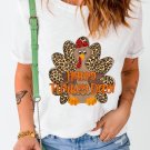White Happy Turkey Day Leopard Print Crew Neck Loose T Shirt White Happy Turkey Day Leopard Print Crew Neck Loose T Shirt