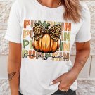 White PUMPKIN Season Leopard Bow Print Crew Neck T Shirt