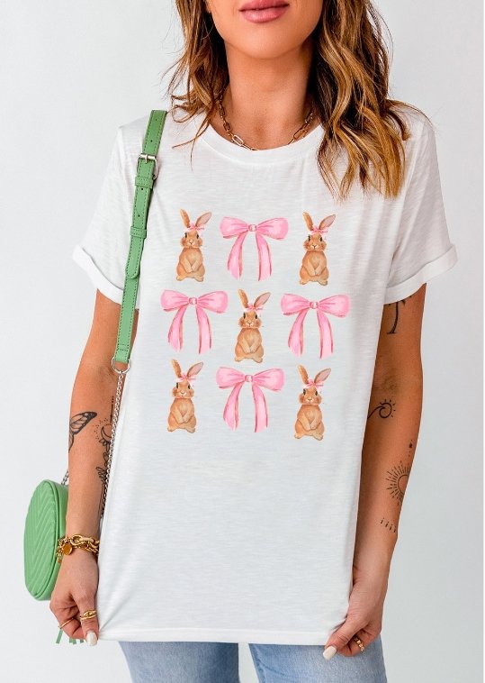 White Rabbit Bow Knot Print Crew Neck T Shirt
