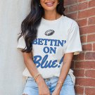 White Rugby Football BETTIN ON Blue Graphic Crewneck T Shirt