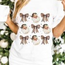 White Santa Claus Leopard Bow Print Crew Neck Casual T Shirt White Santa Claus Leopard Bow Print Crew Neck Casual T Shirt