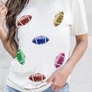 White Sequin Rugby Football Pattern Crewneck T Shirt