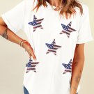 White Sequined American Flag Star Graphic T Shirt