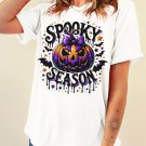 White SPOOKY SEASON Pumpkin Bat Pattern Halloween T Shirt