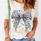 White SPOOKY WITCH Leopard Bowknot Bat Graphic Halloween T Shirt