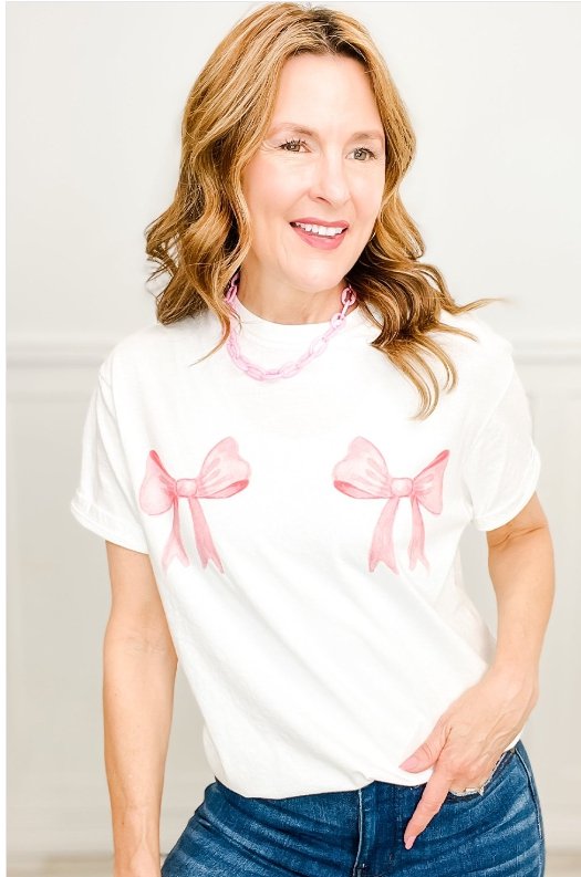 White Sweet Bow Knot Print O Neck Casual T Shirt