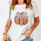 White Thanksgiving Bow Knot Pumpkin Print Round Neck T Shirt