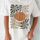 White Thanksgiving Pumpkin Print Loose Crewneck Tunic T Shirt
