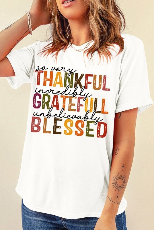 White Thanksgiving Slogan Print Crew Neck T Shirt