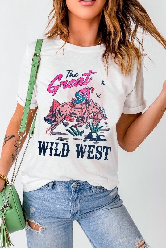 White The Great WILD WEST Rodeo Graphic Crew Neck T Shirt