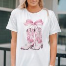 White Western Boots Bow Knot Print Crew Neck T Shirt