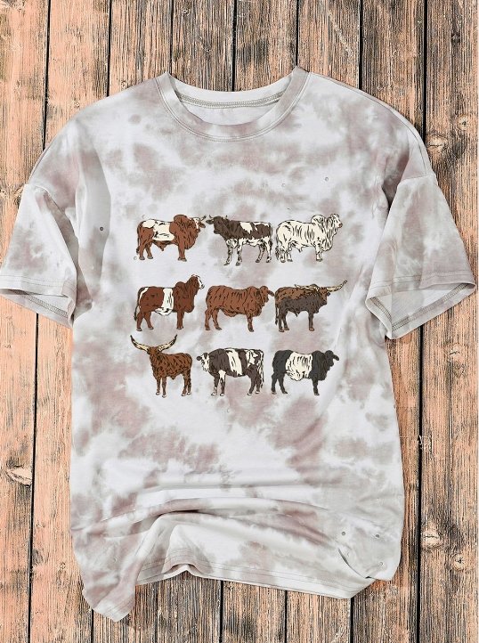 White Western Cattle Tie Dye Print O Neck Oversized Tee