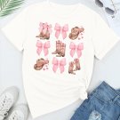White Western Hat Boots Bow Knot Casual Graphic T Shirt
