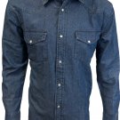 Mens Denim Western Shirt Dark Blue Wash Cotton Pearl Snap Up Buttons 2 Pockets