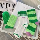 3 Pairs Womens Girl Cotton Crew Socks Lot Fashion Green Stripe Casual Work Socks