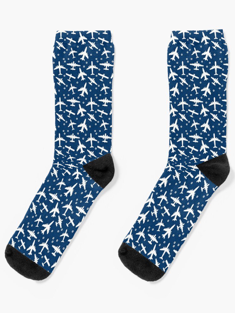 Blue And White Aeroplanes Silhouette Pattern Socks