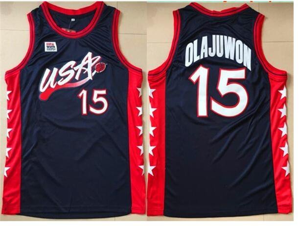 Men's Hakeem Olajuwon #15 Throwback 1996 Team USA Basketball Jersey Nvay Stitched