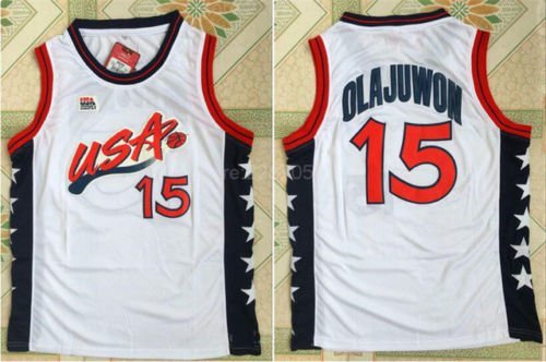Men's Hakeem Olajuwon #15 Throwback 1996 Team USA Basketball Jersey White Stitched