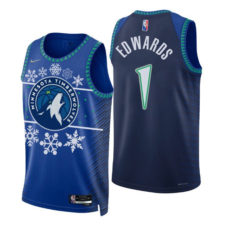 Men's Minnesota Timberwolves #1 Anthony Edwards Jersey 2021 75th Christmas Blue