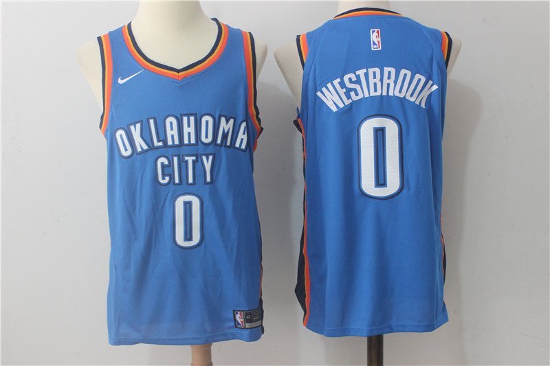 Men's Oklahoma Thunders 0 Russell Westbrook Blue Swingmen Basketball Jersey