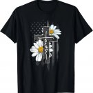 Faith Cross Christian Daisy Flower American Flag T-Shirt