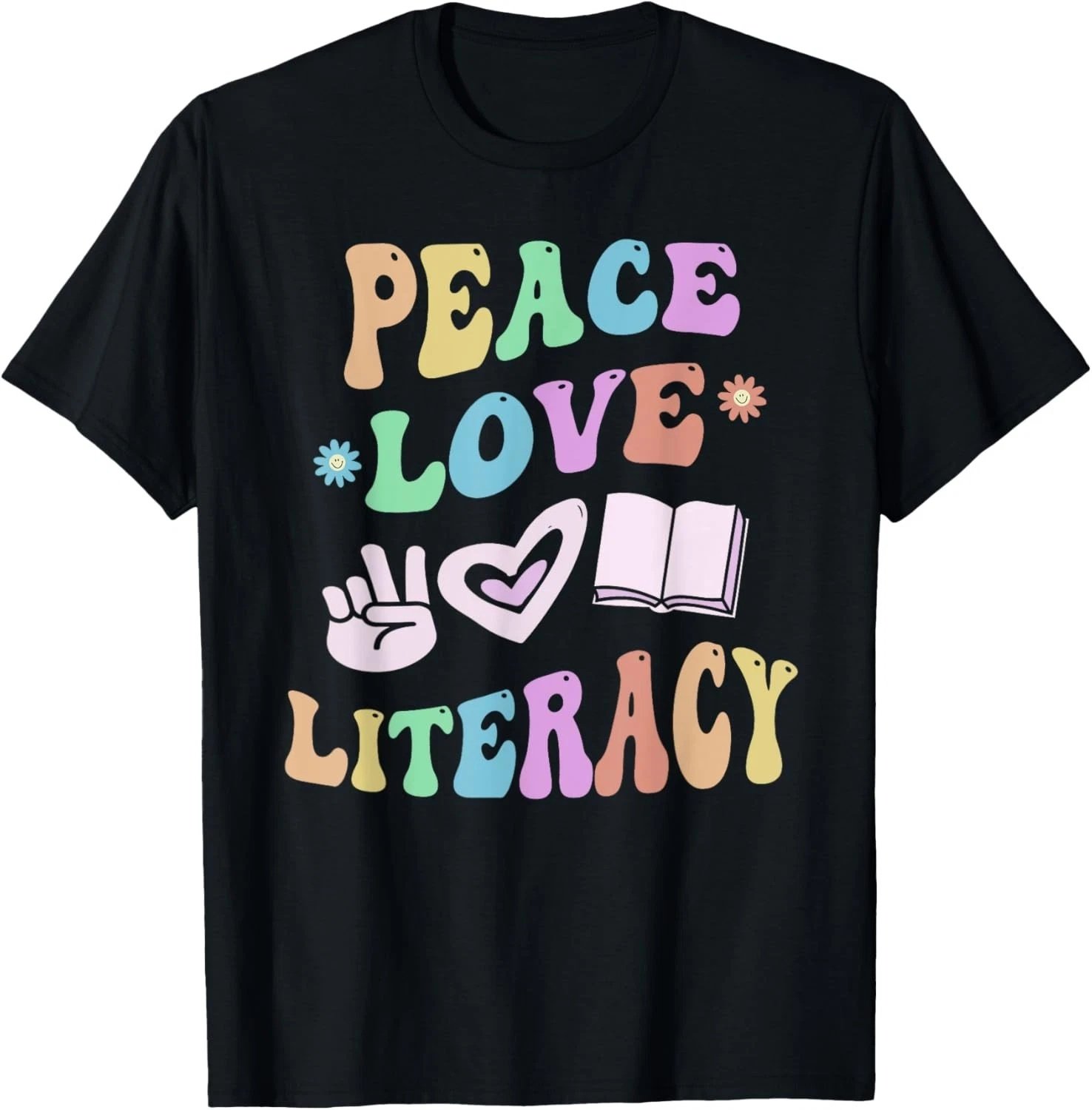 PEACE LOVE LITERACY Retro Reading Teacher Groovy School T-Shirt