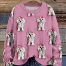 Women's Cute Bow White Fuzzy Puppy Printed Sweatshirt