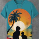 Men's Cats Seaside Sunset Scenery Print Casual T-Shirt