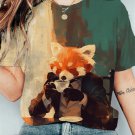 Women's Gentleman Mr. Fox Drinking Coffee Art Print Casual T-Shirt