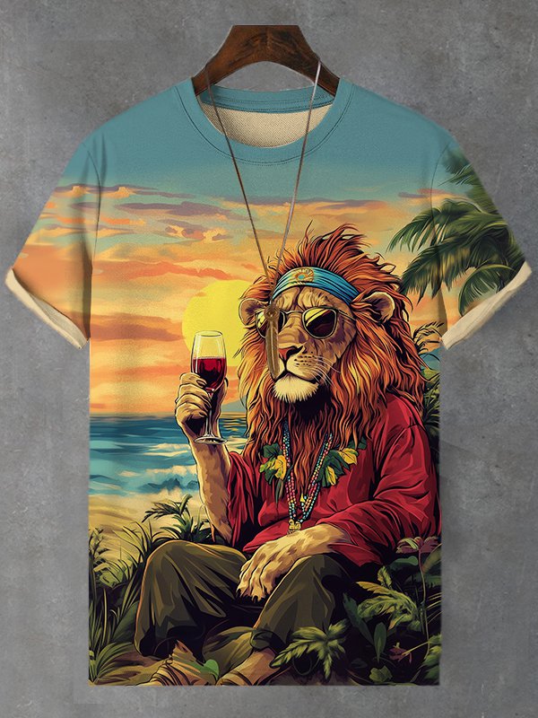 Men's Reggae Soul Lion Drinking Red Wine At The Beach Art Print T-Shirt