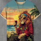 Men's Reggae Soul Lion Drinking Red Wine At The Beach Art Print T-Shirt