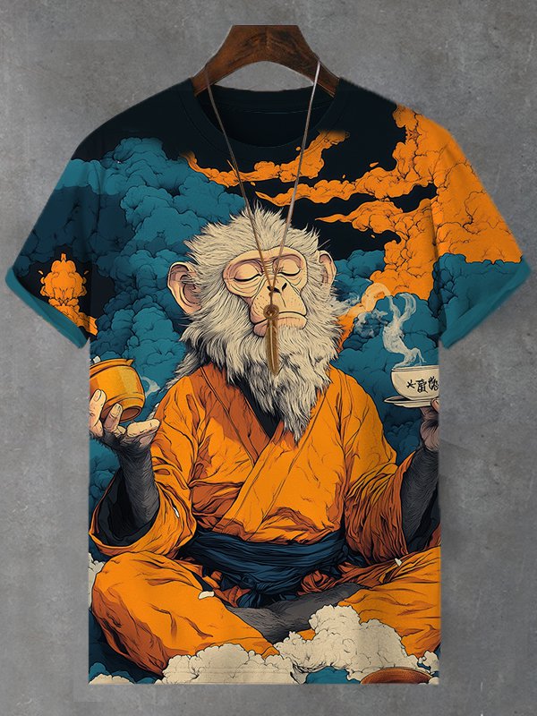 Men's Meditation Monkey Tasting Tea Art Print T-Shirt