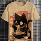 Men's Edo Period Ramen Noodles Art Japan Black Cat Print T-Shirt